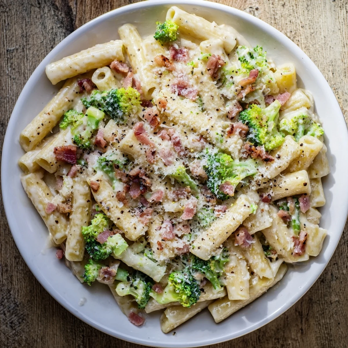Creamy Bacon Broccoli and Parmesan Pasta twirls on a fork, ready for a comforting weeknight dinner.