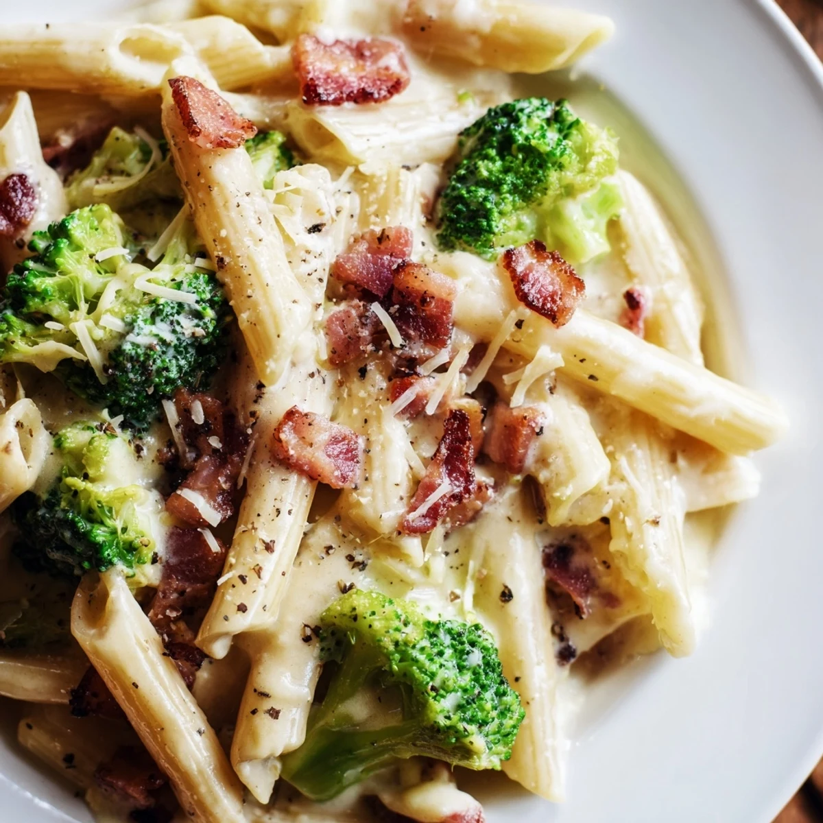 Steaming plate of Bacon Broccoli and Parmesan Pasta, garnished with extra cheese, ready to serve.