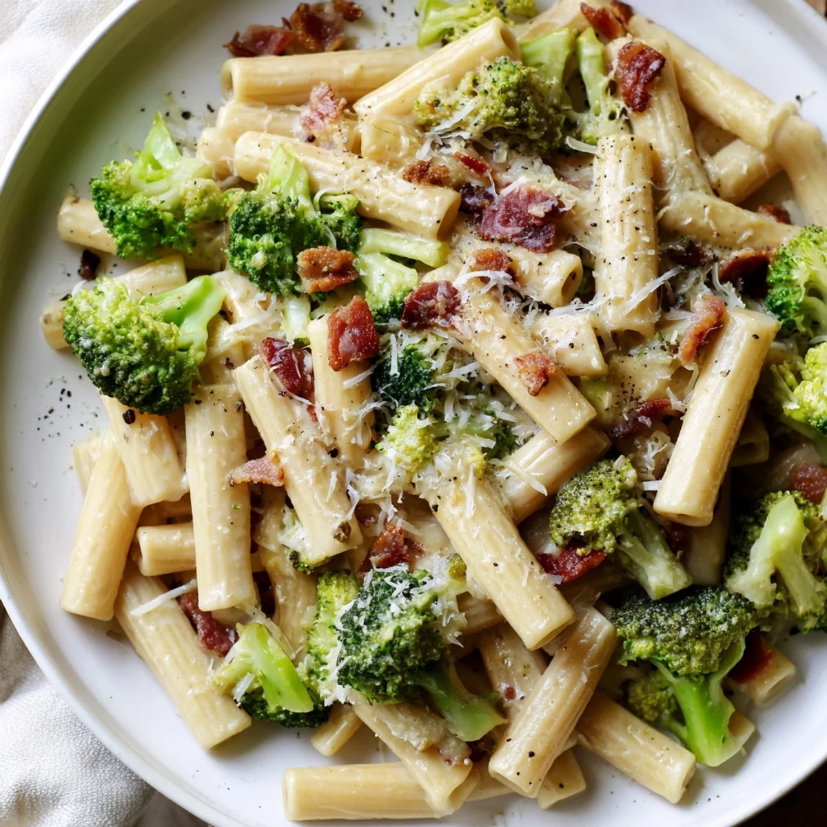 Golden crispy bacon and tender-crisp broccoli shine in this Bacon Broccoli and Parmesan Pasta close-up.