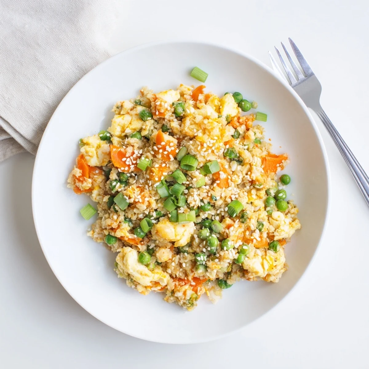 Golden scrambled eggs and bright orange carrots are mixed into a bowl of cauliflower fried rice with kimchi, served in a white dish with chopsticks.