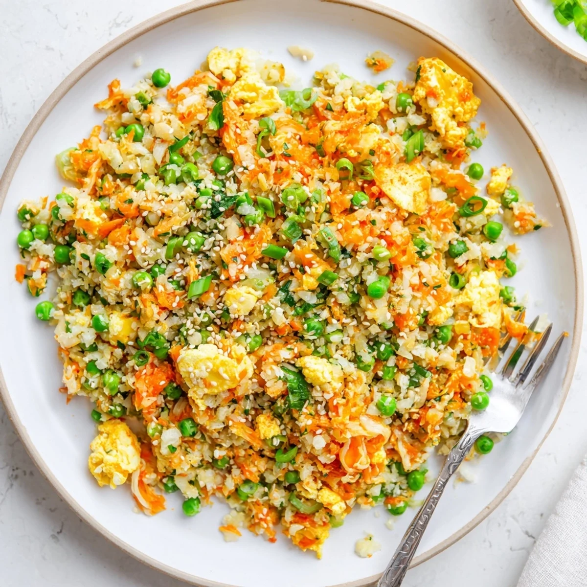 A steaming skillet of cauliflower fried rice with kimchi and eggs is garnished with green onions and sesame seeds for a low-carb main dish.