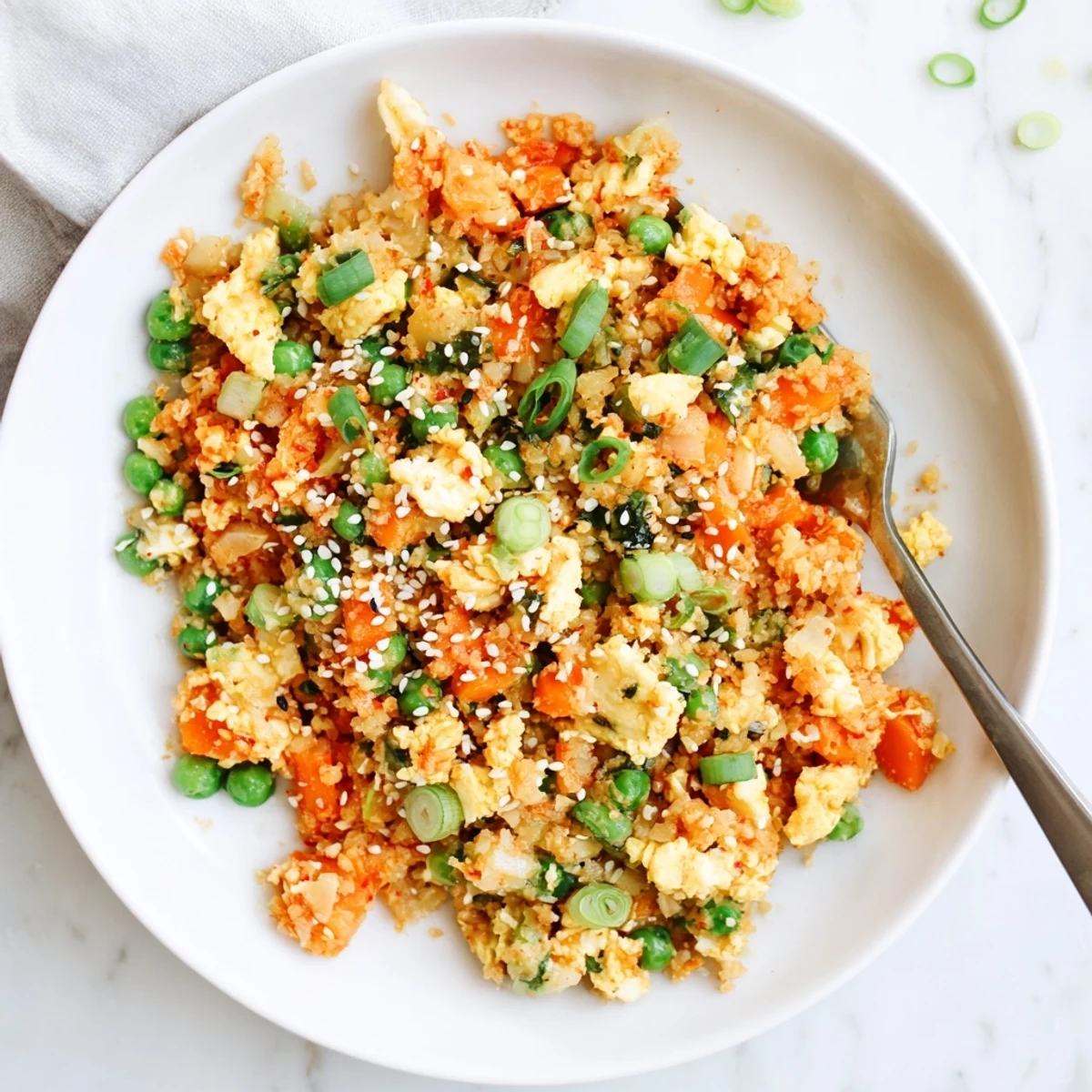 Close-up of a fork lifting a bite of cauliflower fried rice with kimchi and eggs, showing the fluffy texture and spicy red kimchi pieces.