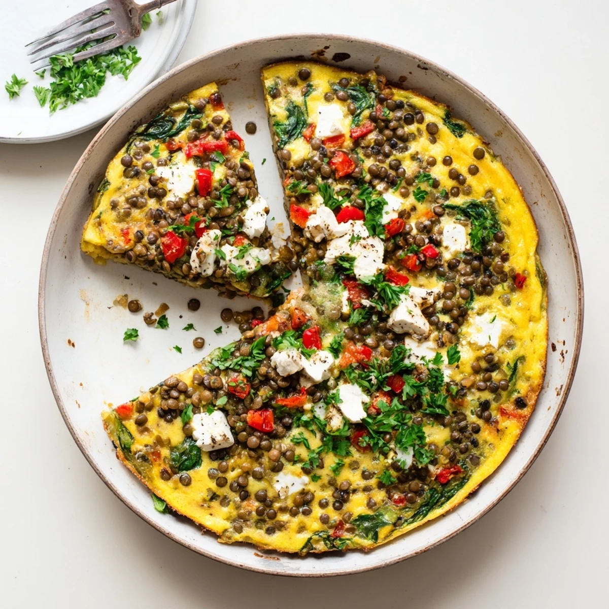 A close-up of Healthy Lentil and Frittata highlights the fluffy eggs, crumbled feta, and fresh herbs on a marble surface.