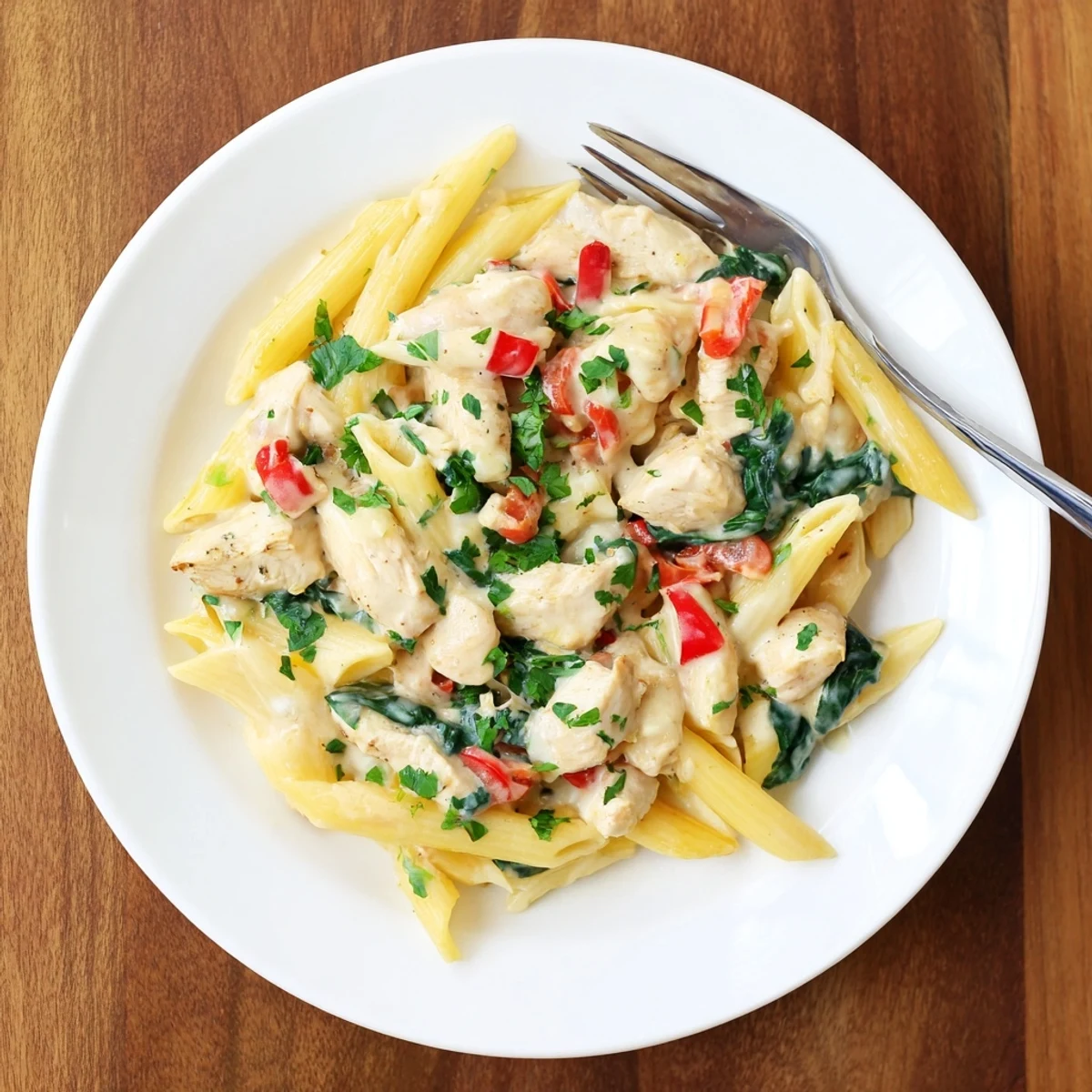 Tender chicken and sautéed vegetables in a creamy sauce make this One Pan Creamy Chicken Pasta a comforting main dish.