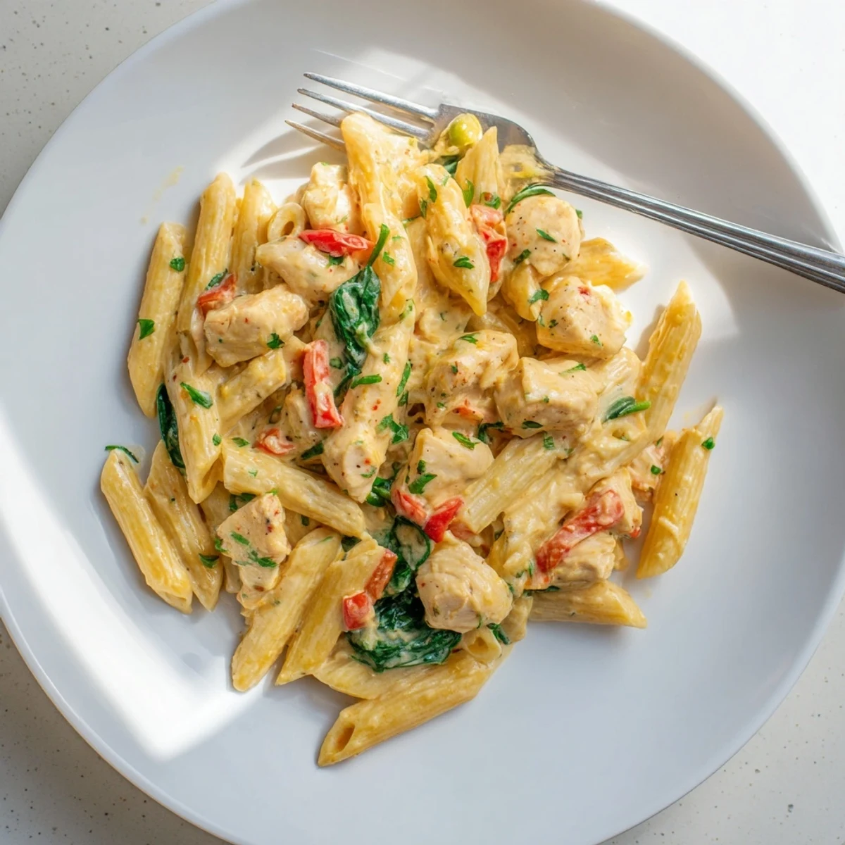 A close-up view of One Pan Creamy Chicken Pasta served in a skillet, garnished with fresh parsley and Parmesan.