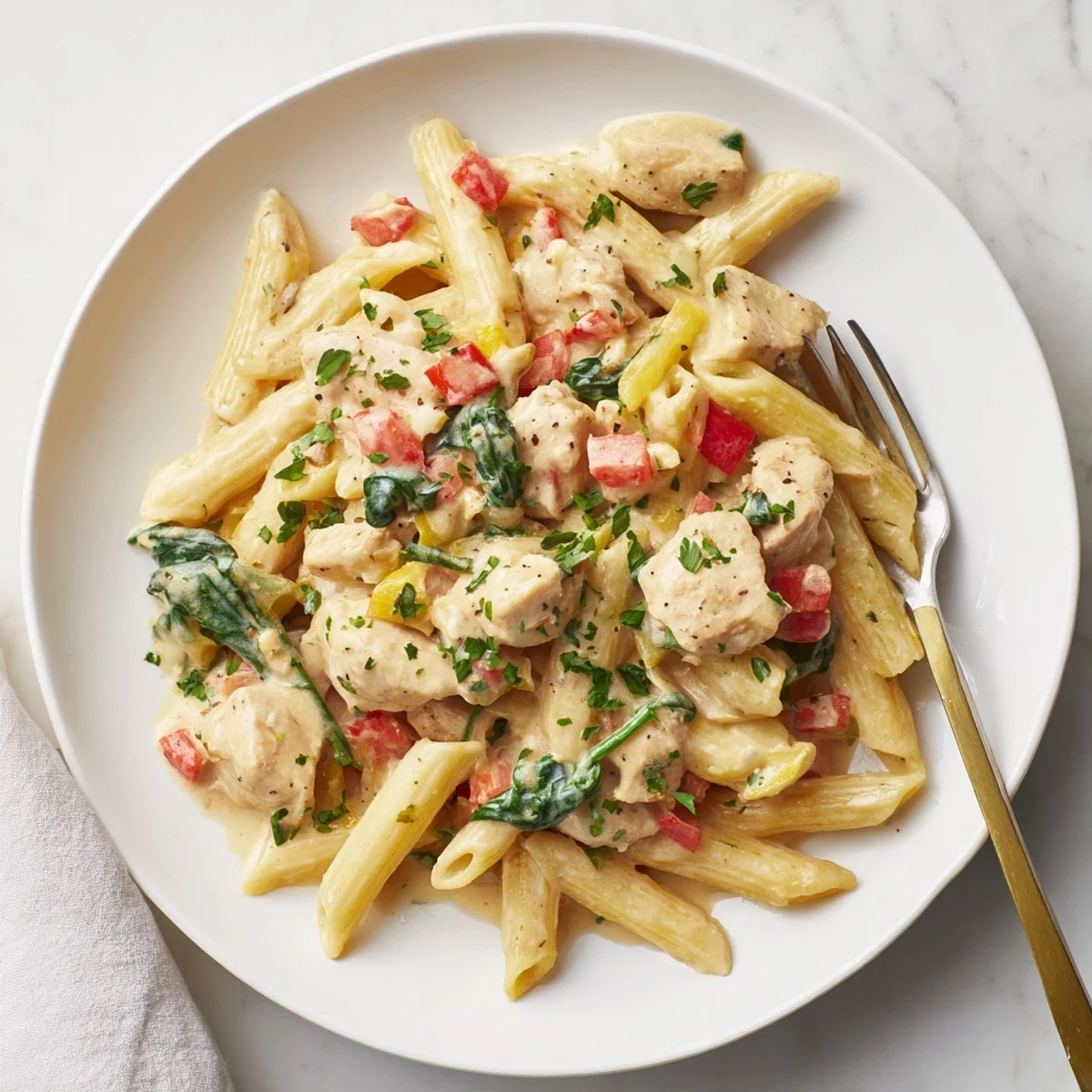This One Pan Creamy Chicken Pasta features penne pasta coated in a luscious sauce with chunks of chicken and veggies.