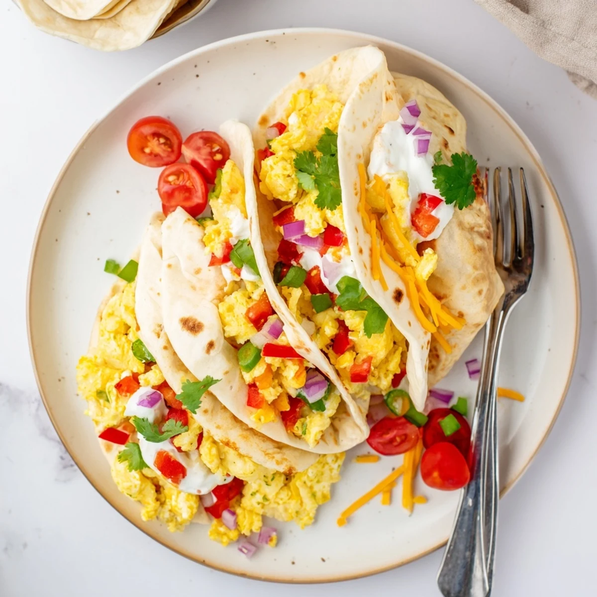 A close-up view of Tex Mex Egg Tortilla Pockets filled with colorful sautéed veggies and herbs, perfect for a hearty vegetarian breakfast.