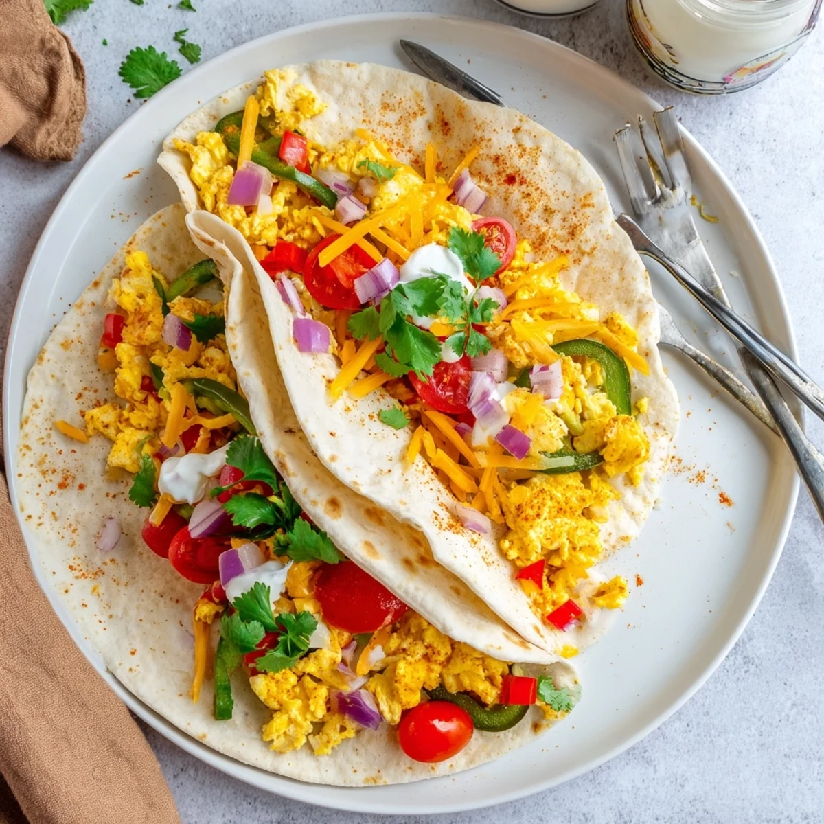 Fluffy scrambled eggs, peppers, and cheddar cheese wrapped in warm flour tortillas for Tex Mex Egg Tortilla Pockets, served with sour cream dip.