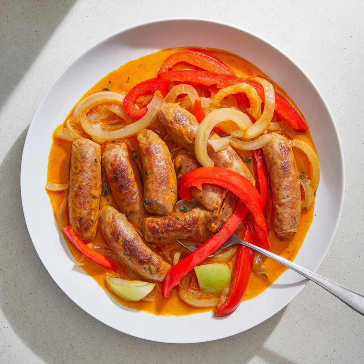 Steaming Sweet and Savoury Sausage Curry in a skillet with red bell peppers and tender apple chunks.