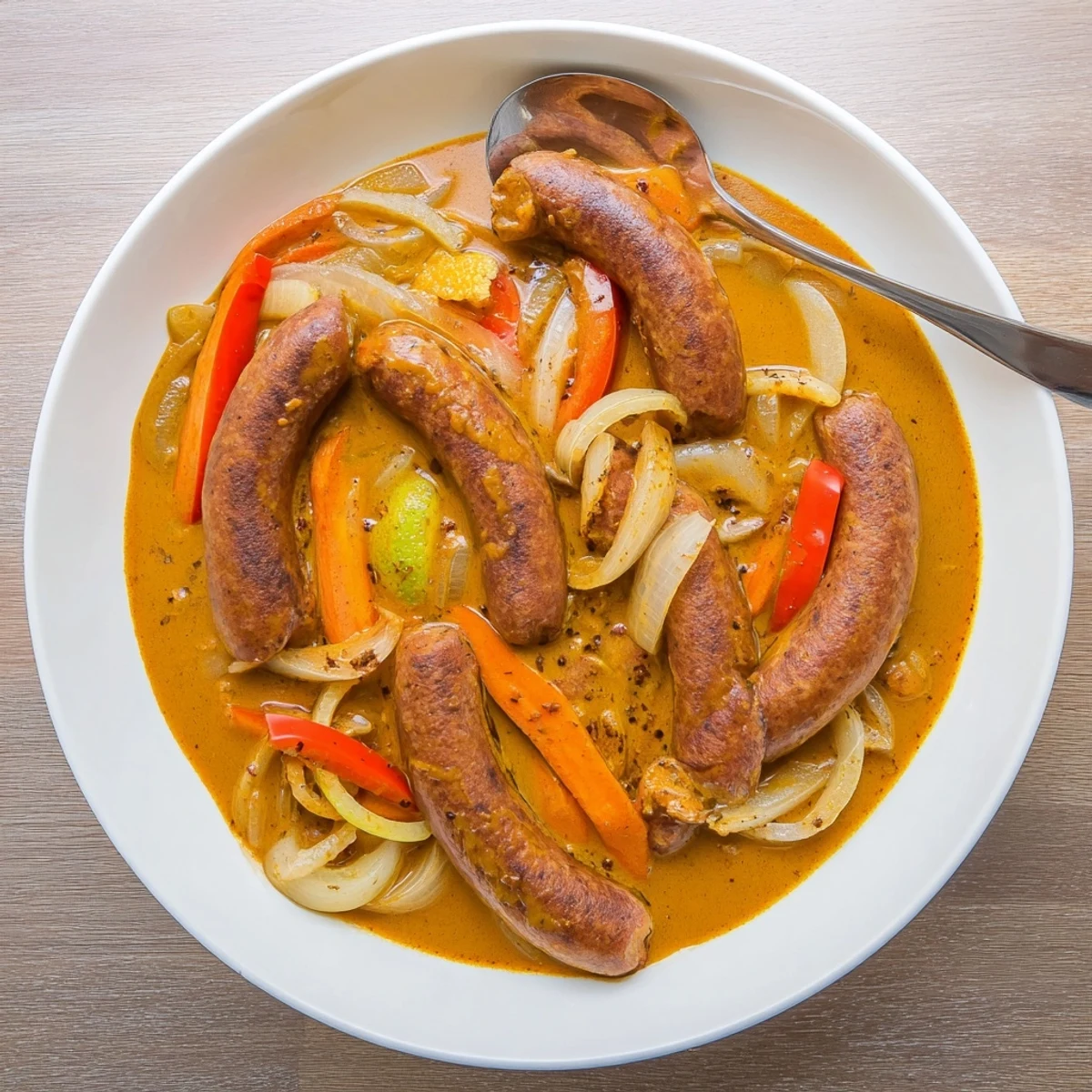 Fragrant Sweet and Savoury Sausage Curry topped with fresh cilantro, paired with warm naan bread slices.