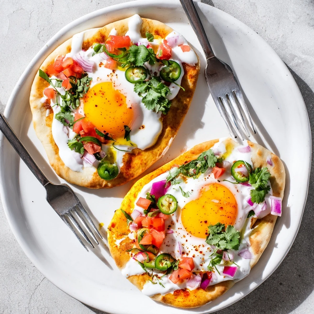 Warm, golden naan topped with curried fried eggs, drizzled with tangy yogurt and fresh cilantro.