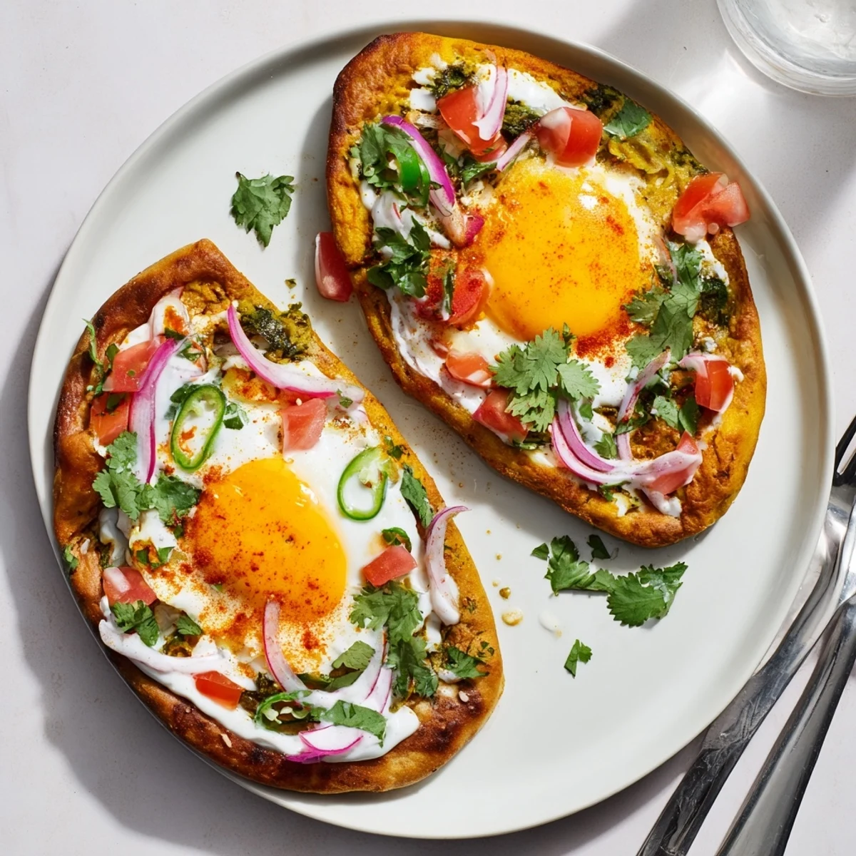 Vibrant curried fried egg open naan with spiced eggs and cool yogurt drizzle.
