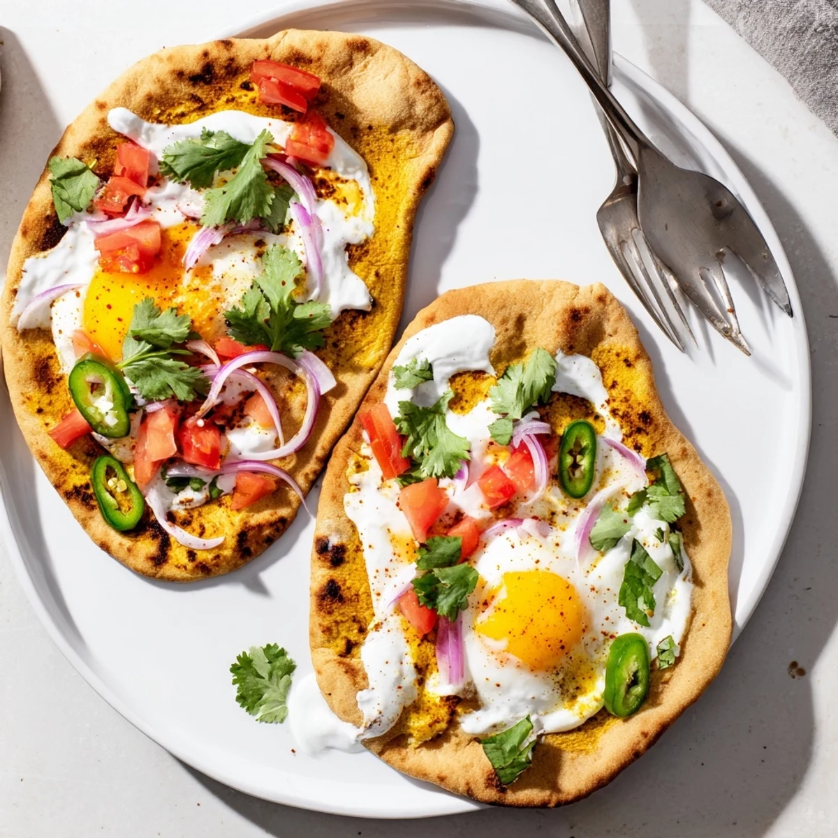 Plated curried fried egg open naan with runny yolks, red onion, tomato, and cilantro.