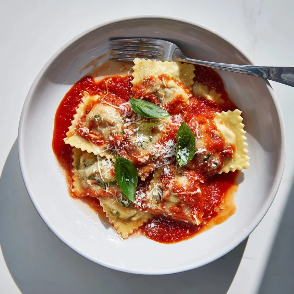 Delicate Chicken and Mushroom Ravioli with Simple Tomato Sauce displayed on a rustic white plate, garnished with fresh basil and grated Parmesan.