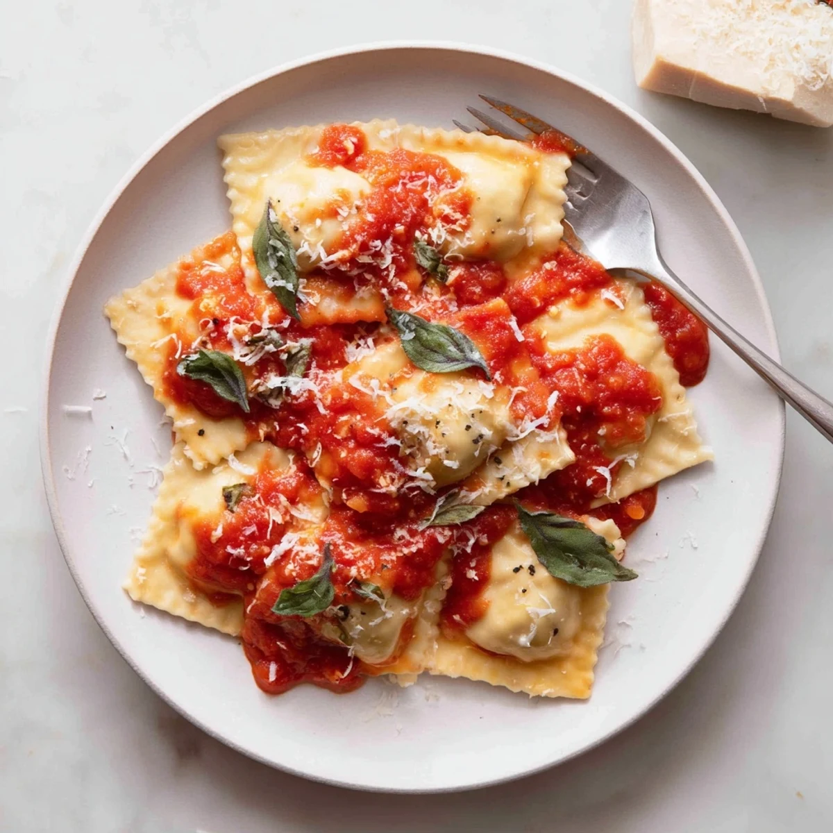 Close-up of Chicken and Mushroom Ravioli with Simple Tomato Sauce showcasing the tender pasta and rich, aromatic red sauce.