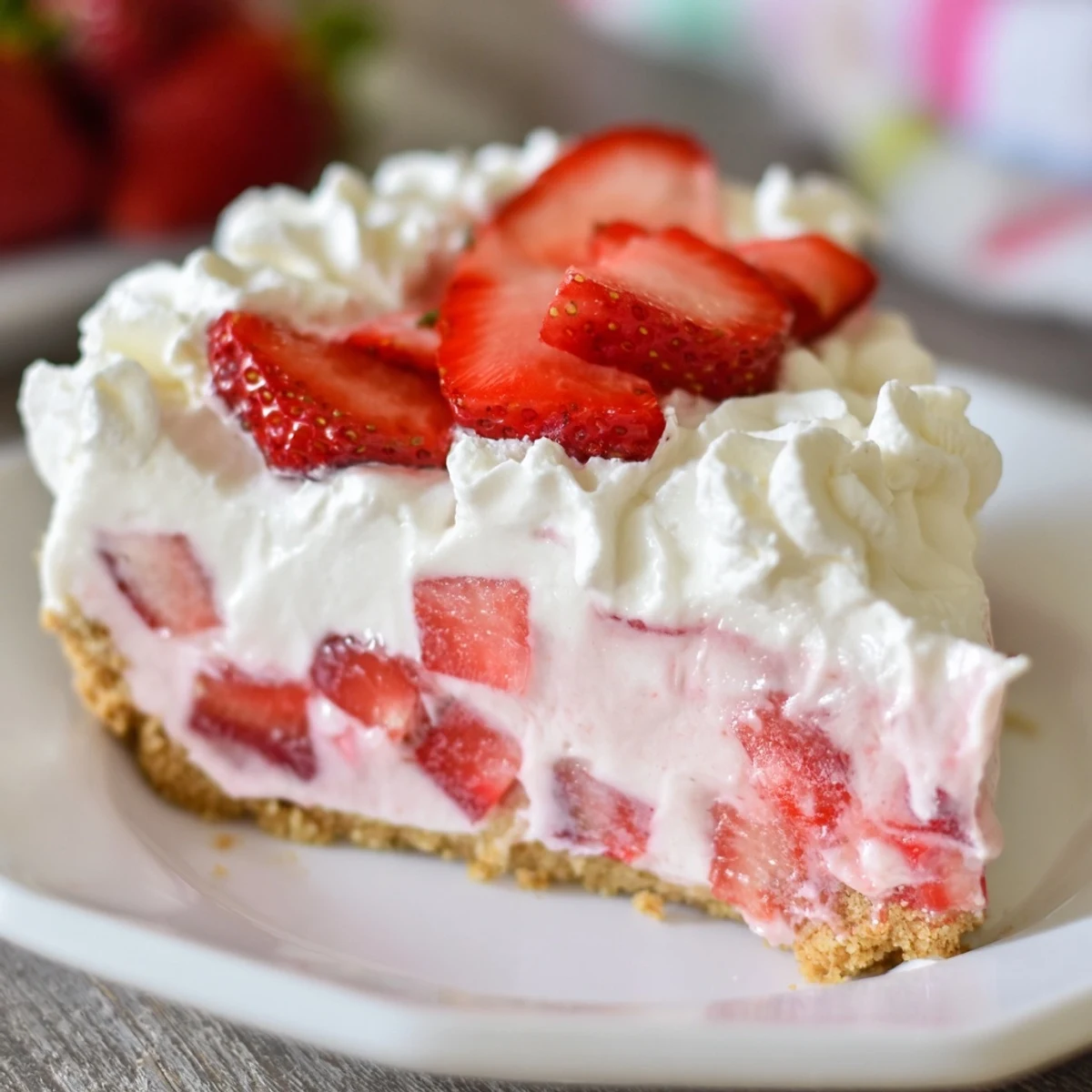 Fresh Easter no bake Jello pie topped with whipped cream and sliced strawberries on a white plate.