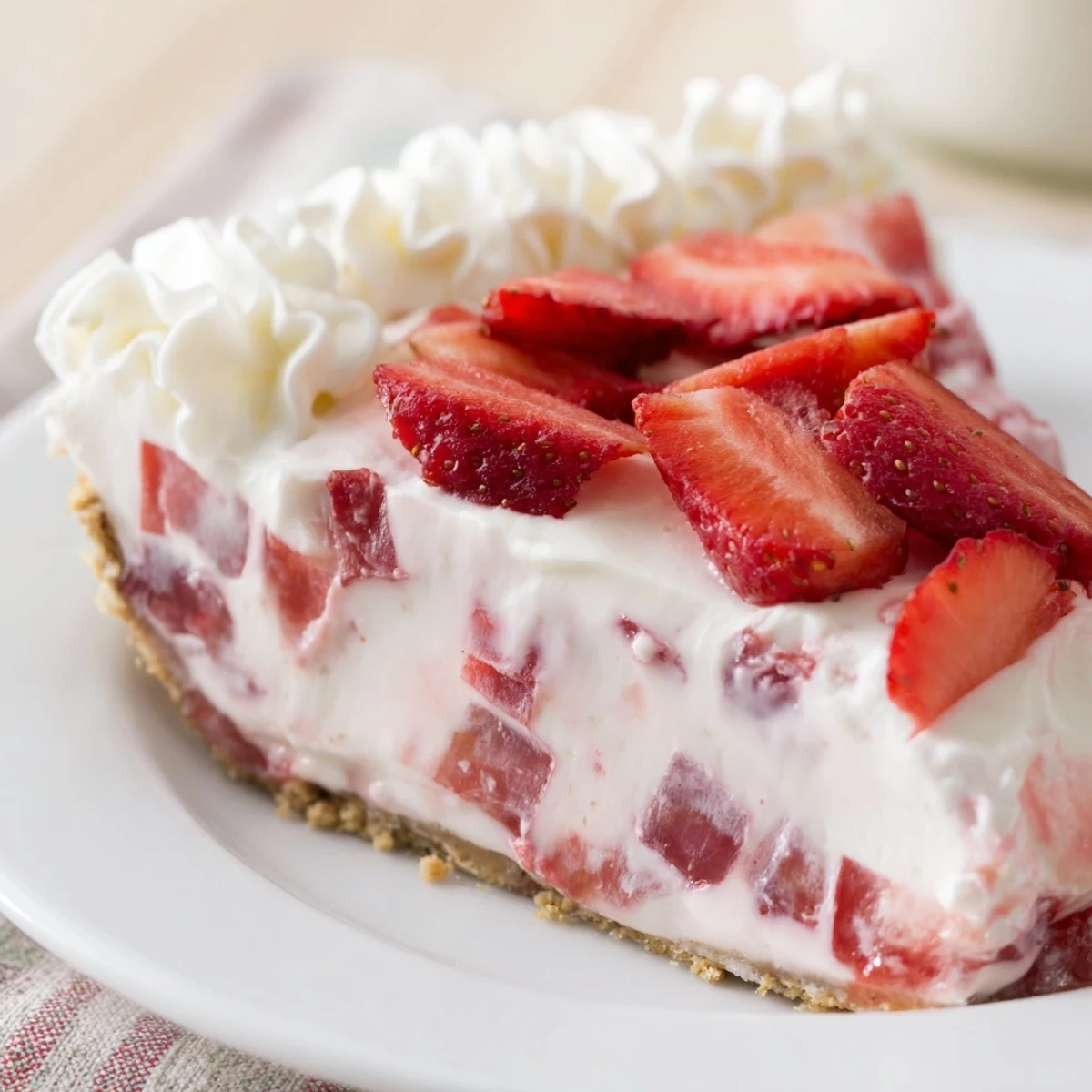 Creamy strawberry Jello pie with graham cracker crust garnished with red berry slices and fluffy white topping.