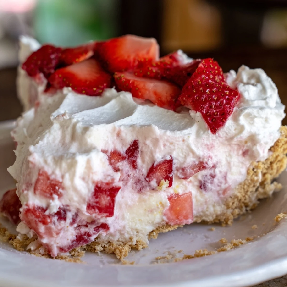 Slice of strawberry no bake dessert showing vibrant pink Jello layer beneath sweet whipped cream topping.