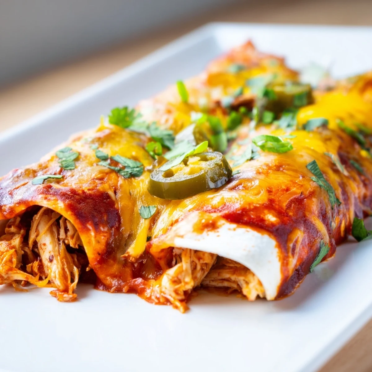 Golden chicken enchiladas bubbling with melted cheese and zesty red sauce in a baking dish
