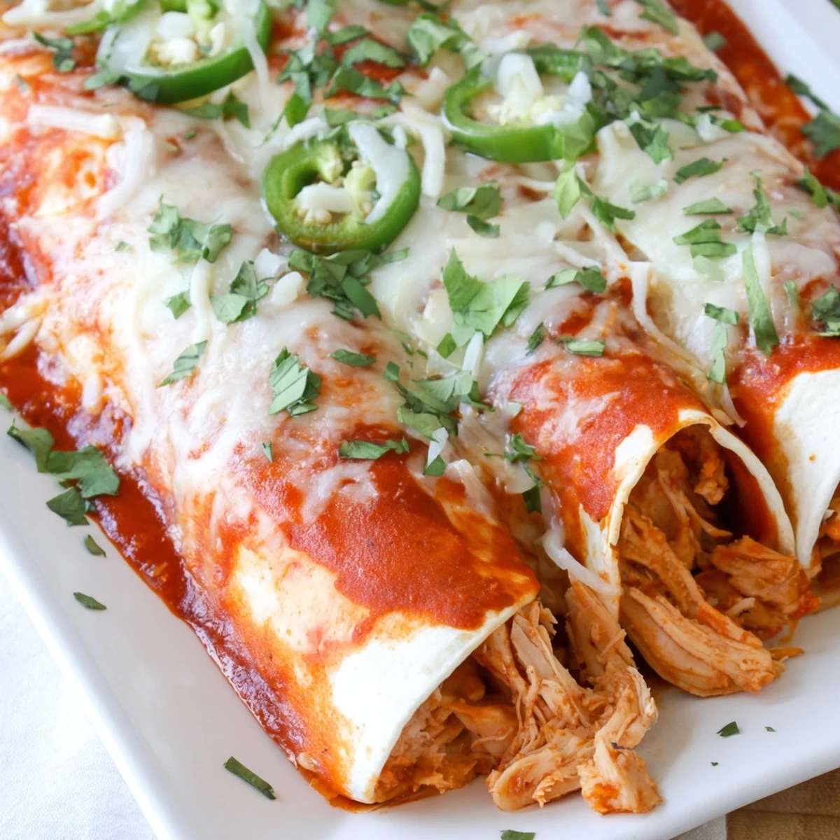 Baked chicken enchiladas garnished with fresh cilantro and served with sour cream for a comforting Mexican dinner