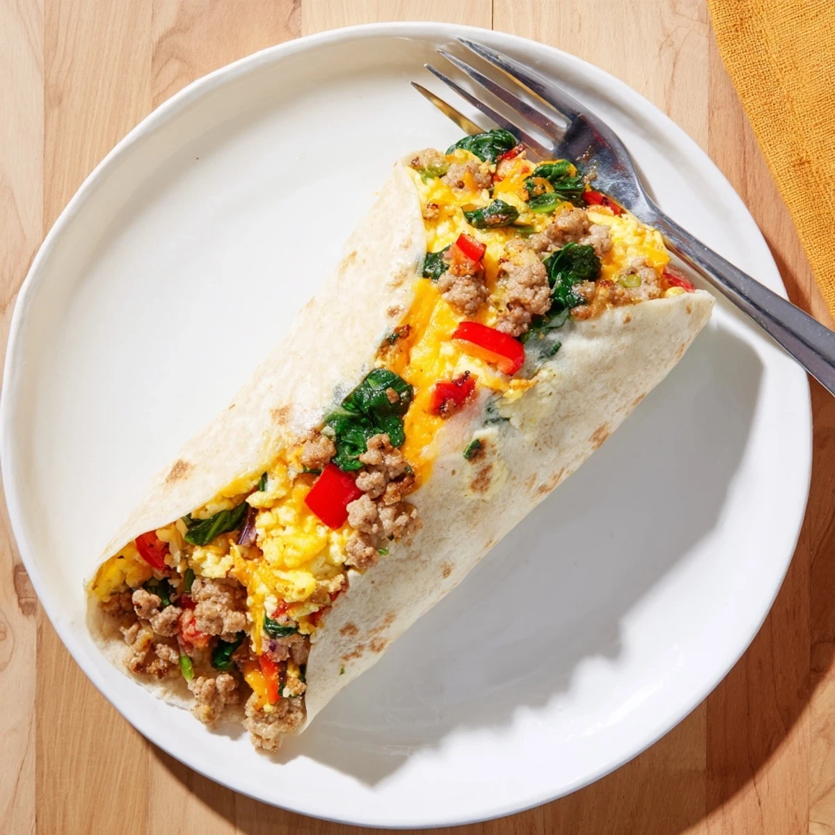 Golden make-ahead breakfast burritos filled with fluffy scrambled eggs, melted cheddar cheese, and crumbled sausage wrapped in warm flour tortillas