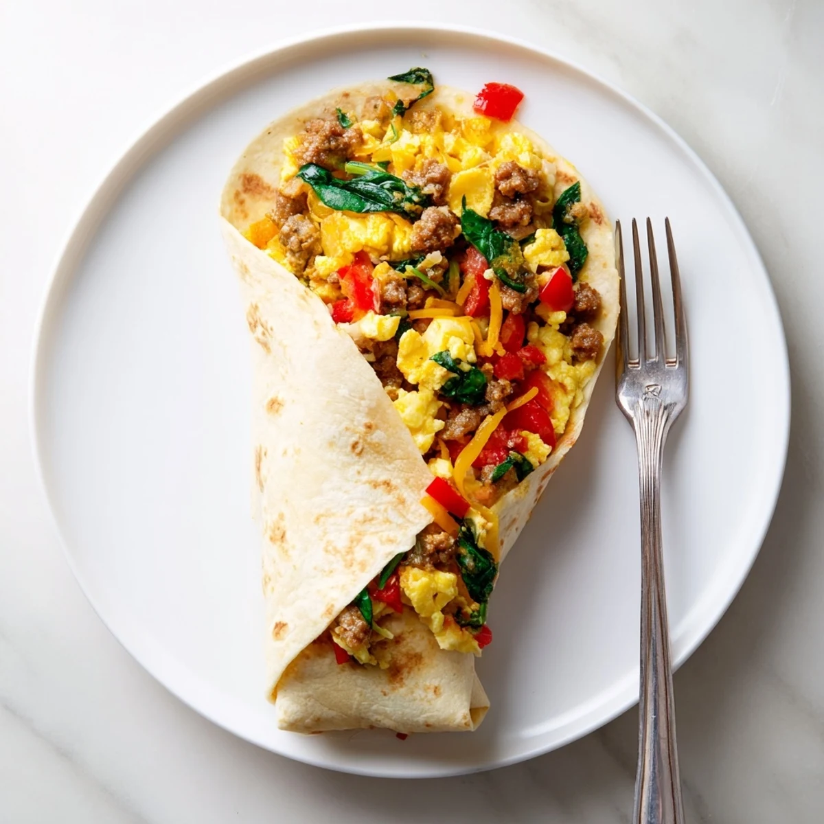Plate of hearty breakfast burritos packed with eggs, sausage and vegetables, perfect for quick morning meals with salsa on the side