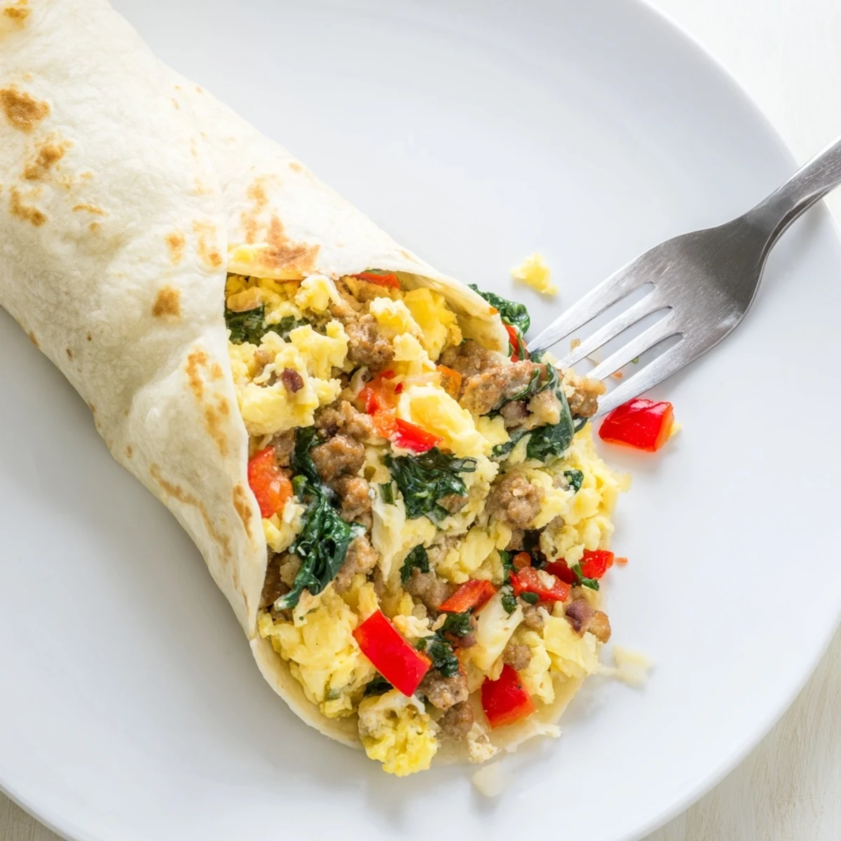 Flavorful breakfast burritos stuffed with scrambled eggs, colorful bell peppers, onions, spinach and cheddar cheese ready for freezing