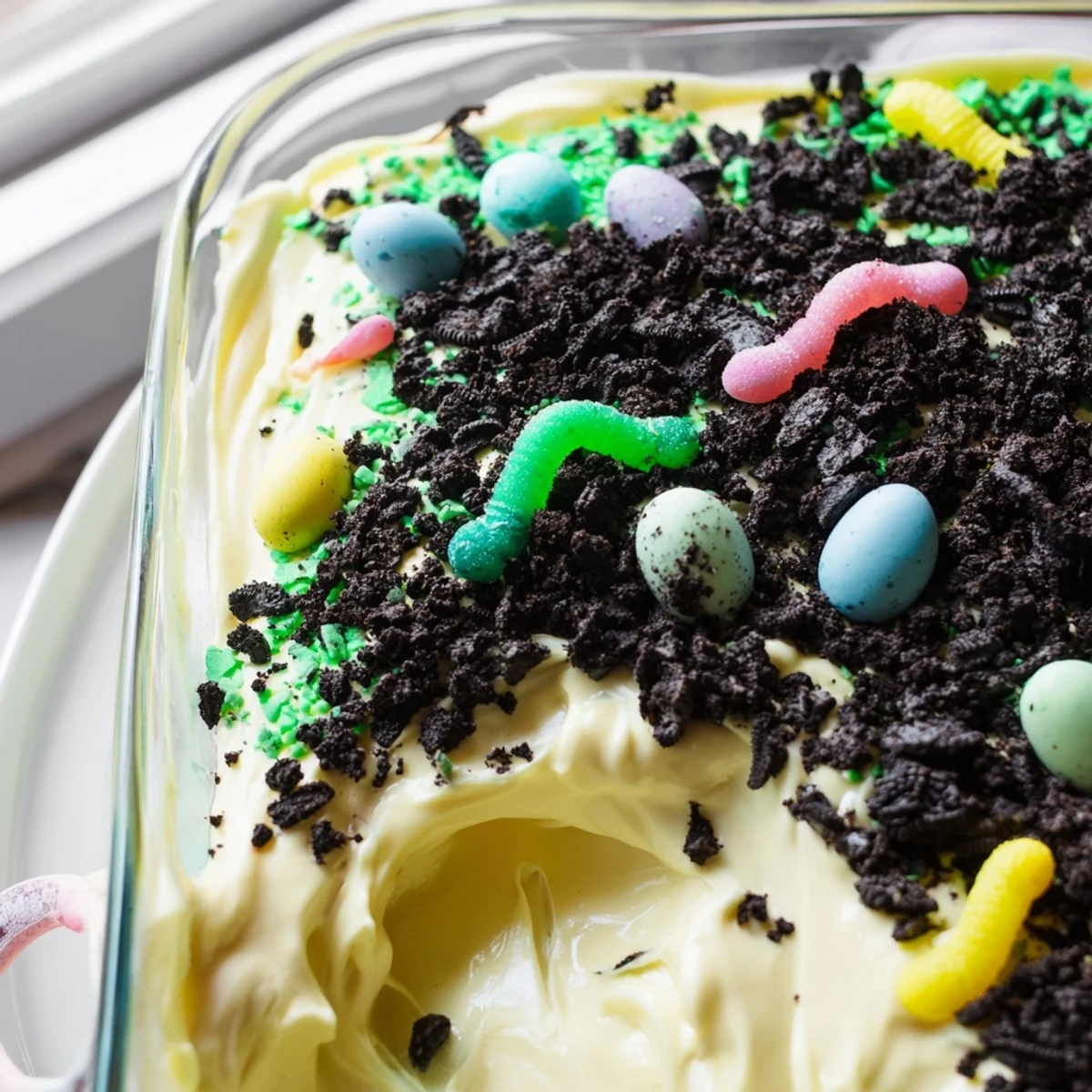 Easter dirt cake casserole featuring creamy vanilla pudding layered beneath crushed chocolate cookie crumbs with colorful gummy worms peeking through the rich no-bake dessert