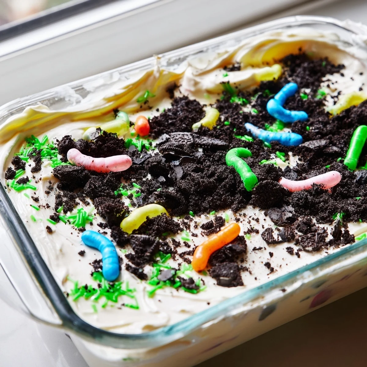 Whimsical Easter dirt cake casserole topped with pastel candy eggs and green coconut grass alongside playful gummy worms in this easy chilled American treat