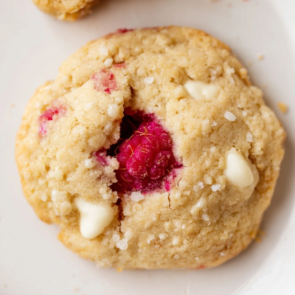 Soft baked lemon raspberry cookies dotted with bright red raspberries on a wooden board