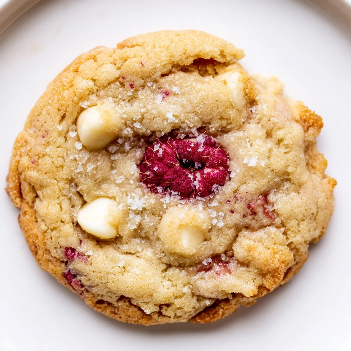 Fresh lemon raspberry cookies with coarse sugar topping served on a white plate