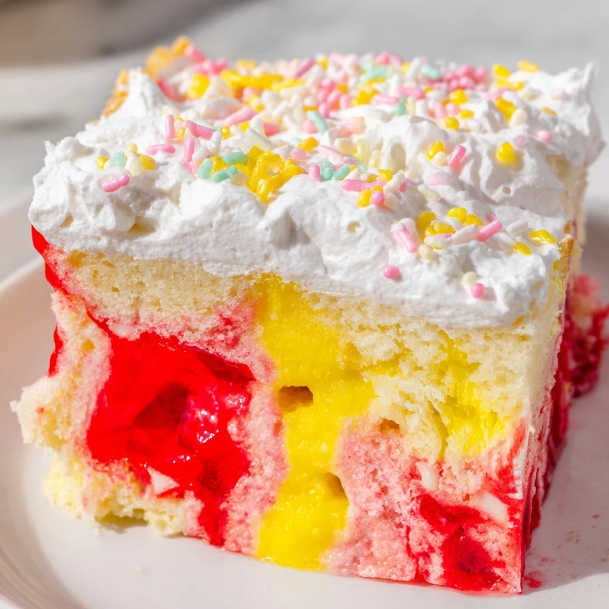 Golden Easter poke cake topped with fluffy whipped cream and colorful pastel sprinkles