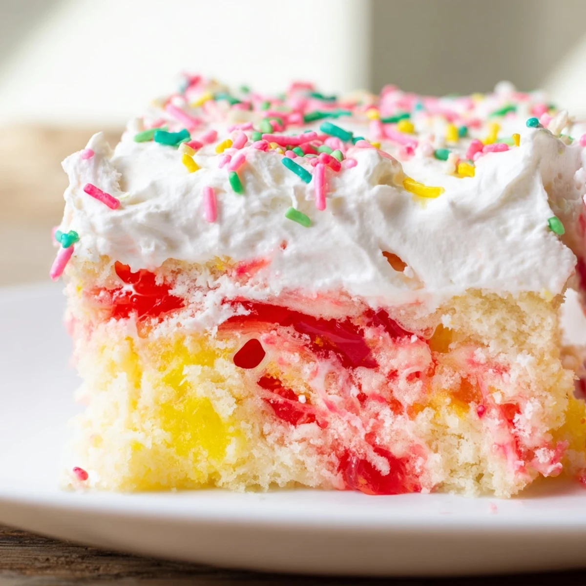 Moist vanilla Easter poke cake infused with strawberry and lemon gelatin for a festive spring dessert