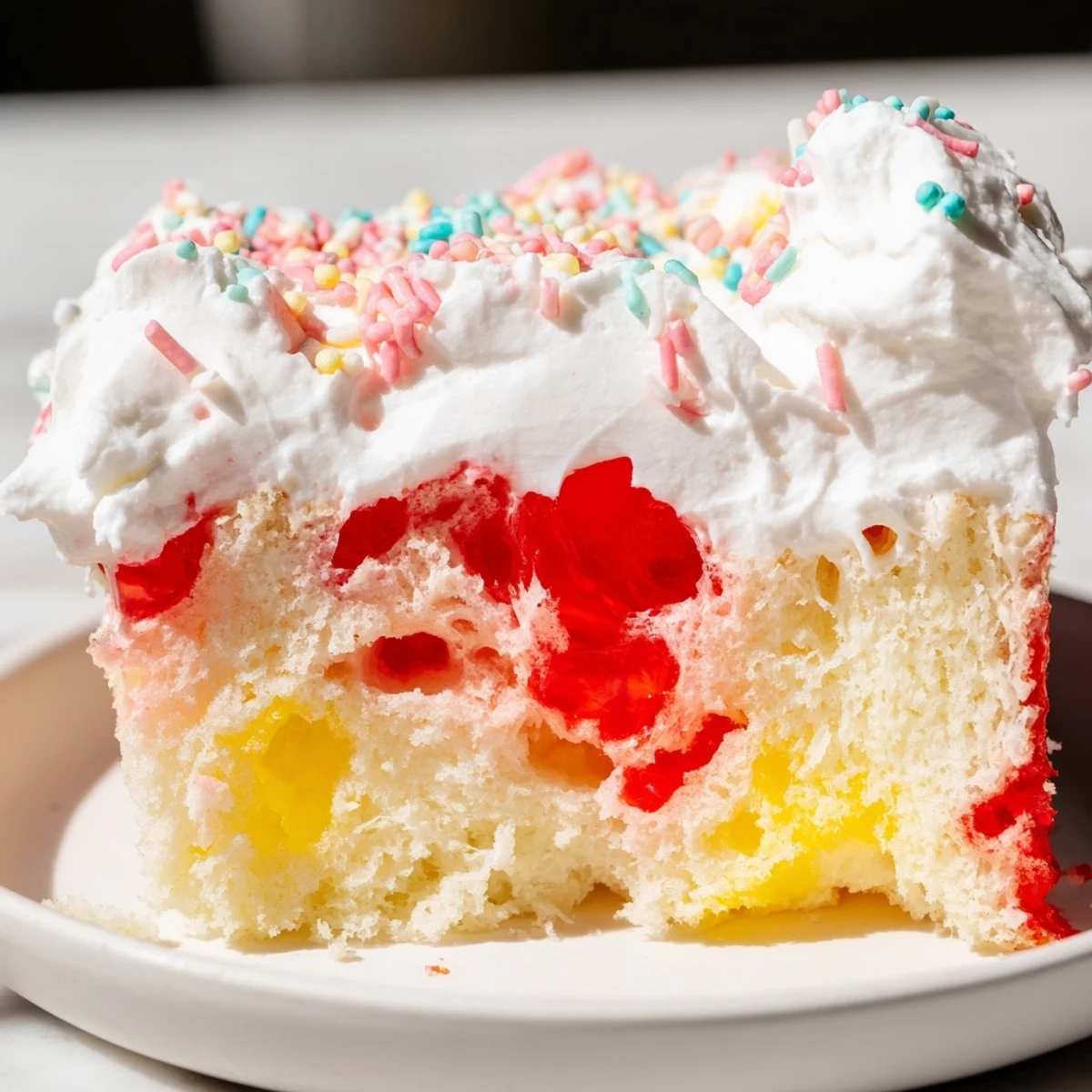 Slices of chilled Easter poke cake showing fruity gelatin swirls beneath sweet whipped topping