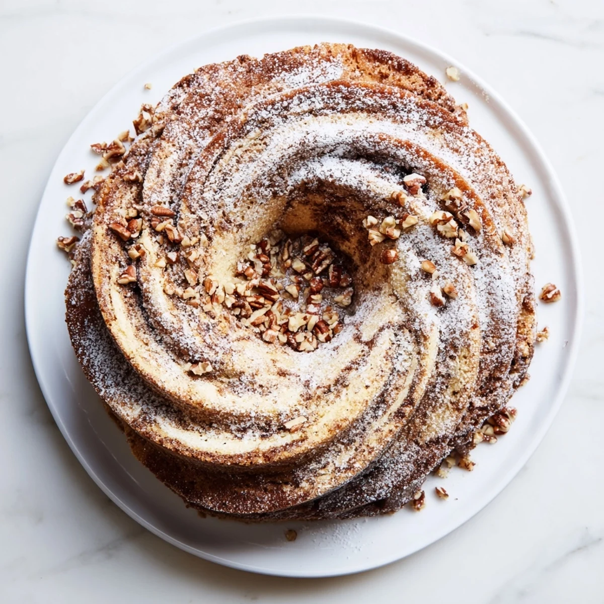 Tender cinnamon-swirled coffee cake baked in a fluted bundt pan, topped with chopped pecans and perfect for morning brunch