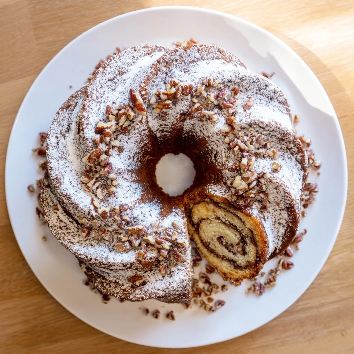 Golden breakfast bundt coffee cake with cinnamon swirl and powdered sugar dusting on a white serving plate
