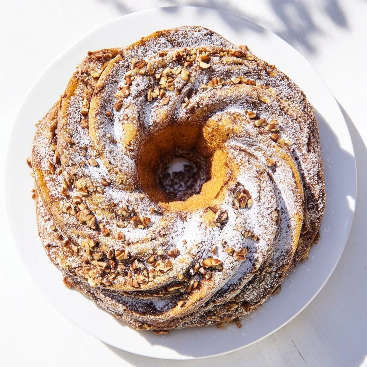 Sliced homemade coffee cake revealing marbled cinnamon sugar layers inside, served on a rustic wooden board for weekend breakfast