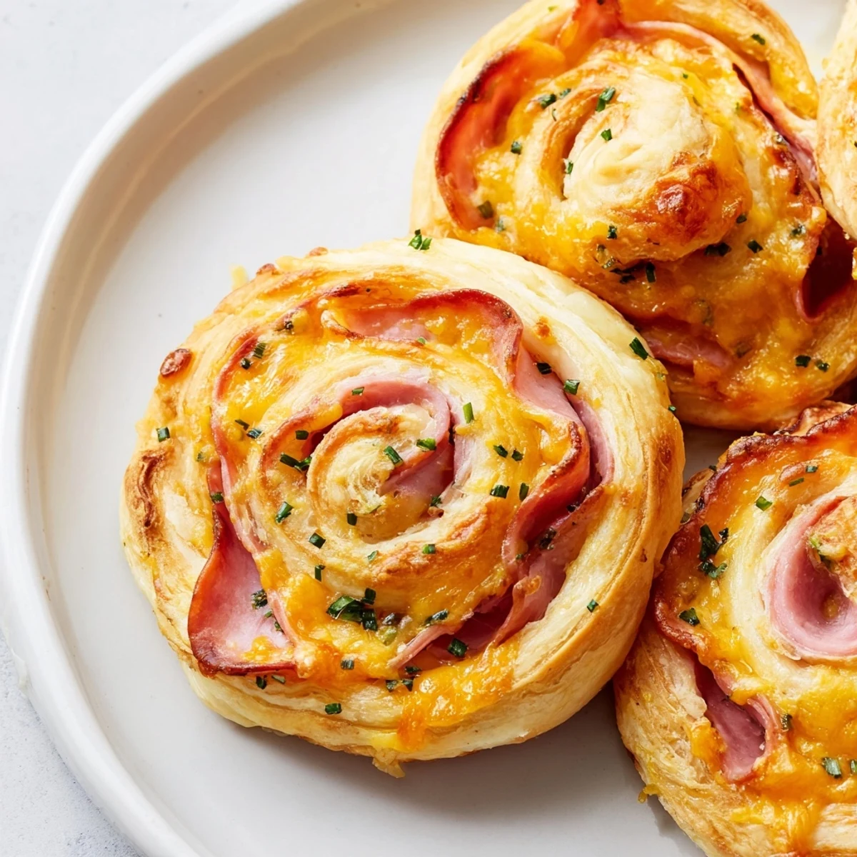 Spiral Easter ham cheddar pinwheels baked until puffed and perfectly golden