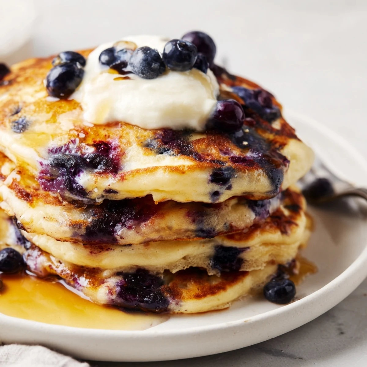 Stack of fluffy Greek yogurt blueberry pancakes topped with fresh berries and maple syrup