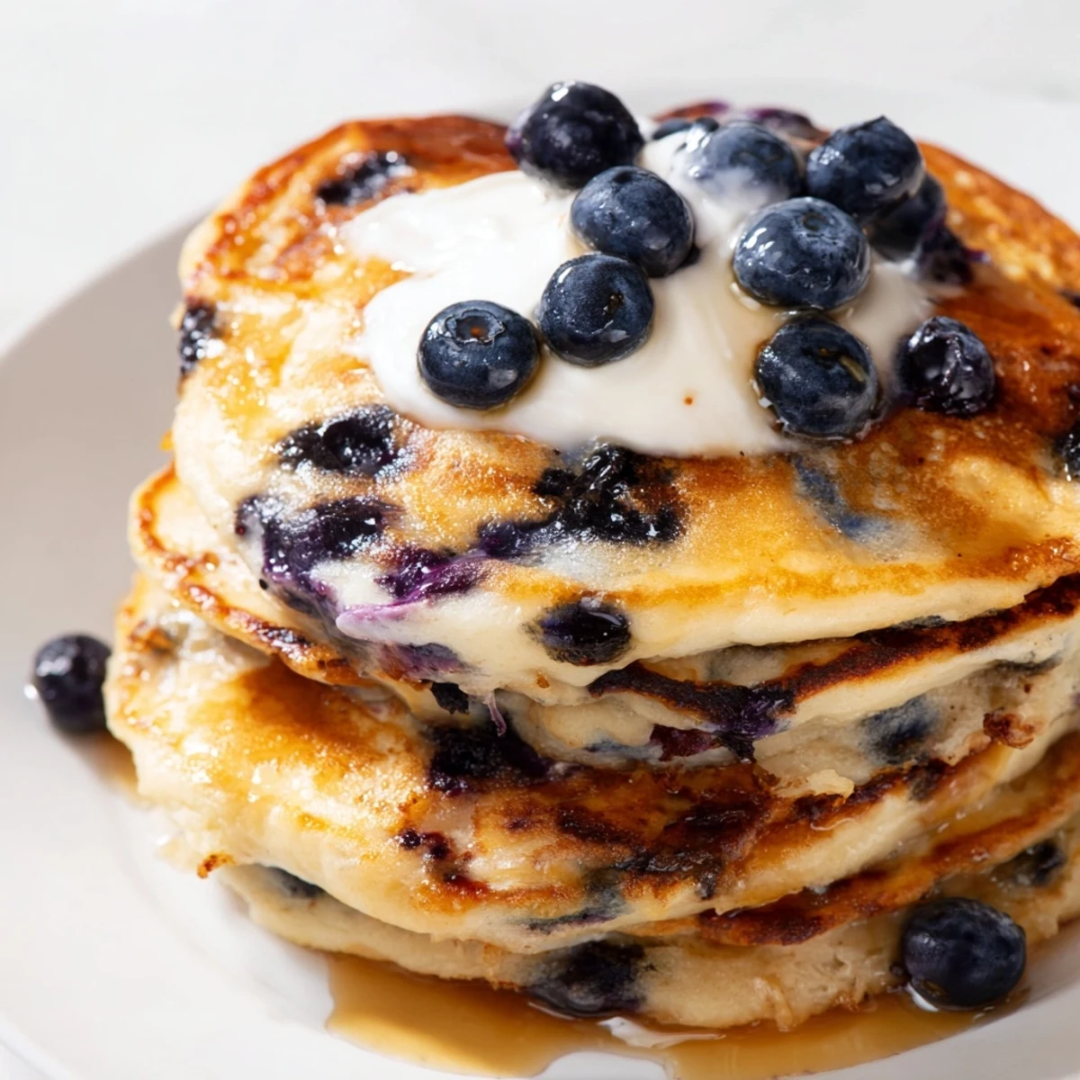 Golden brown Greek yogurt blueberry pancakes on a white plate with melting butter pat