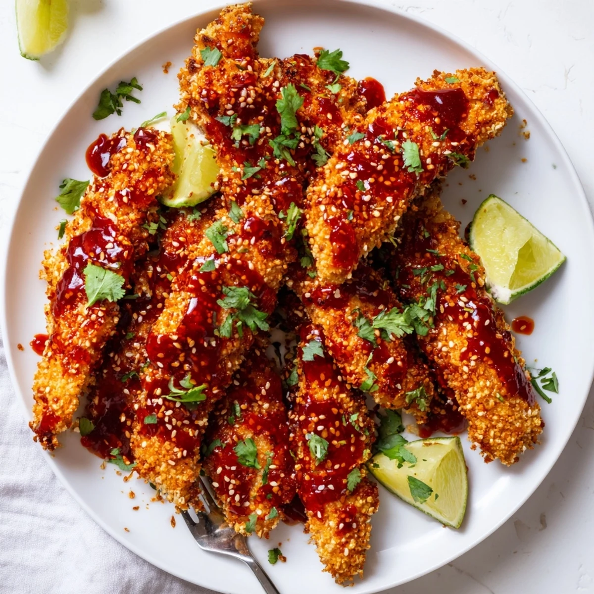 Golden crispy Thai sticky chicken fingers coated in glossy sweet spicy red sauce with fresh cilantro garnish