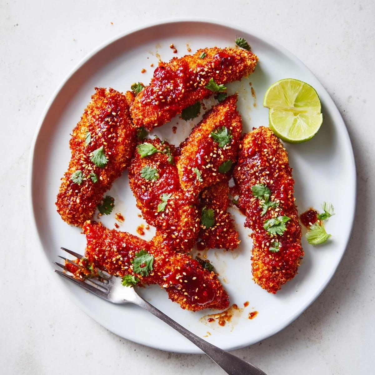 Baked chicken tenders tossed in tangy Thai chili glaze topped with sesame seeds and lime wedges