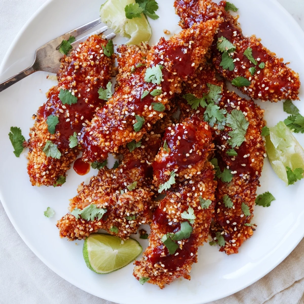Oven-breaded chicken strips drizzled with thick sticky Thai sauce and sprinkled with cilantro on serving platter