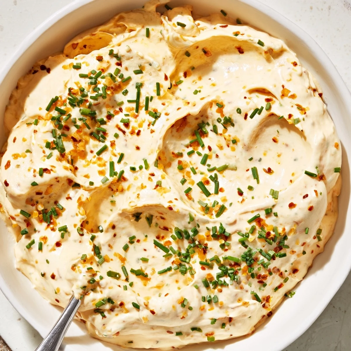Golden brown soft pretzels arranged beside a bowl of zesty savory pretzel dip topped with green onion garnish