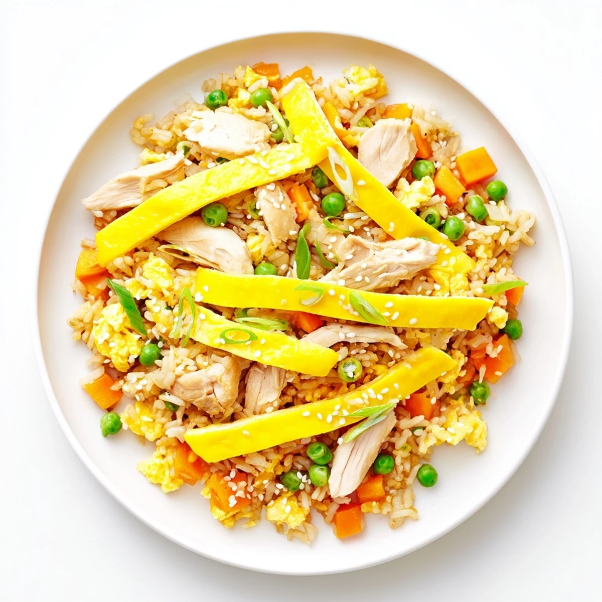 Golden chicken fried rice with colorful vegetables and ribbons of sliced egg omelette on top