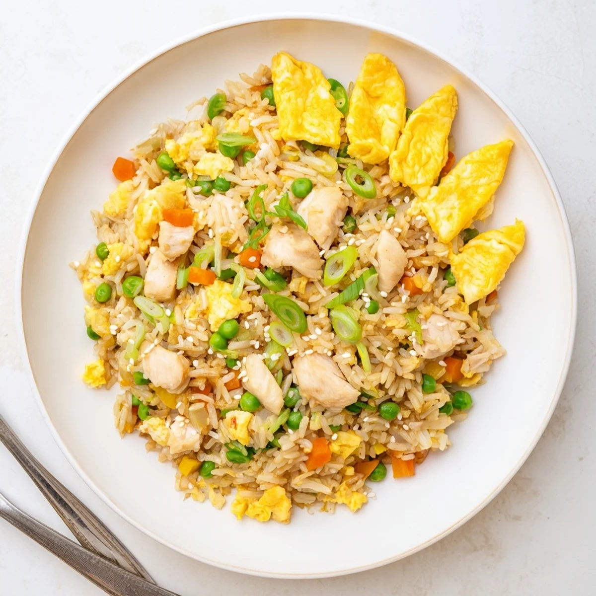 Steaming plate of Asian-style chicken fried rice garnished with scallions and golden egg ribbons