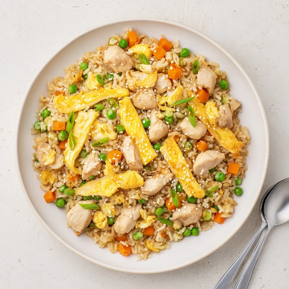 Savory stir-fried chicken and rice dish topped with fluffy egg omelette strips and sesame seeds