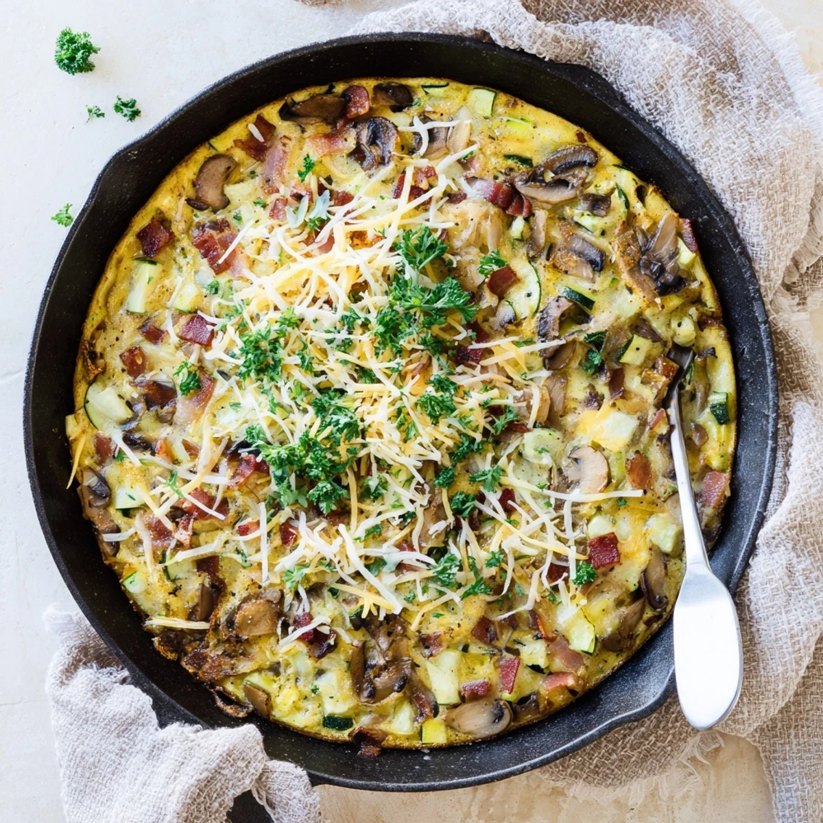 Golden mushroom zucchini and bacon family frittata topped with melted cheese and fresh parsley