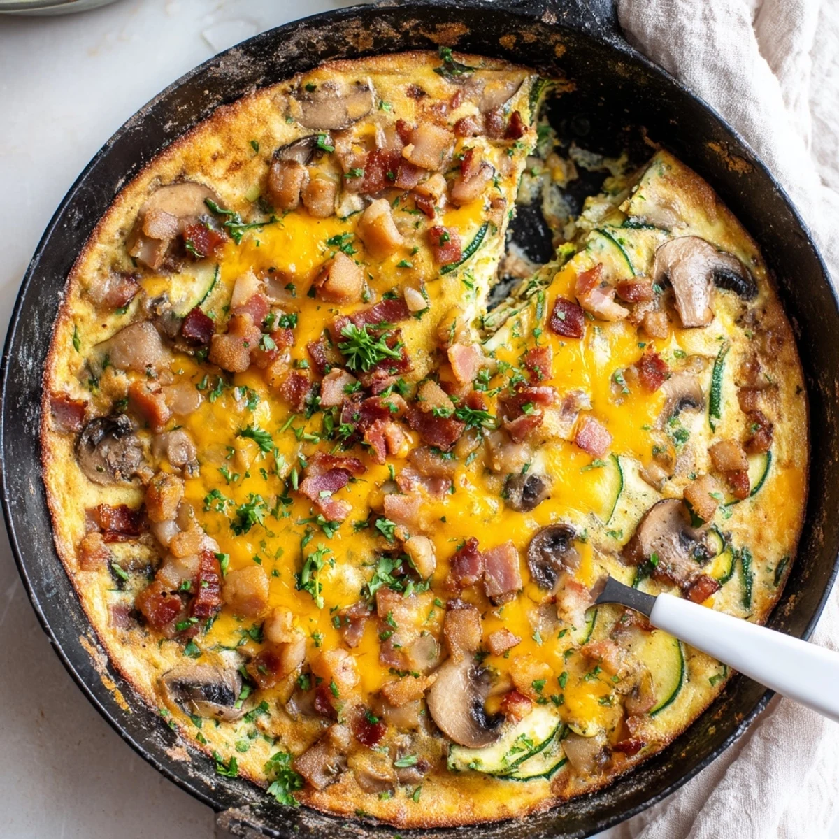 Savory baked frittata featuring smoky bacon tender zucchini sliced mushrooms and golden cheesy top
