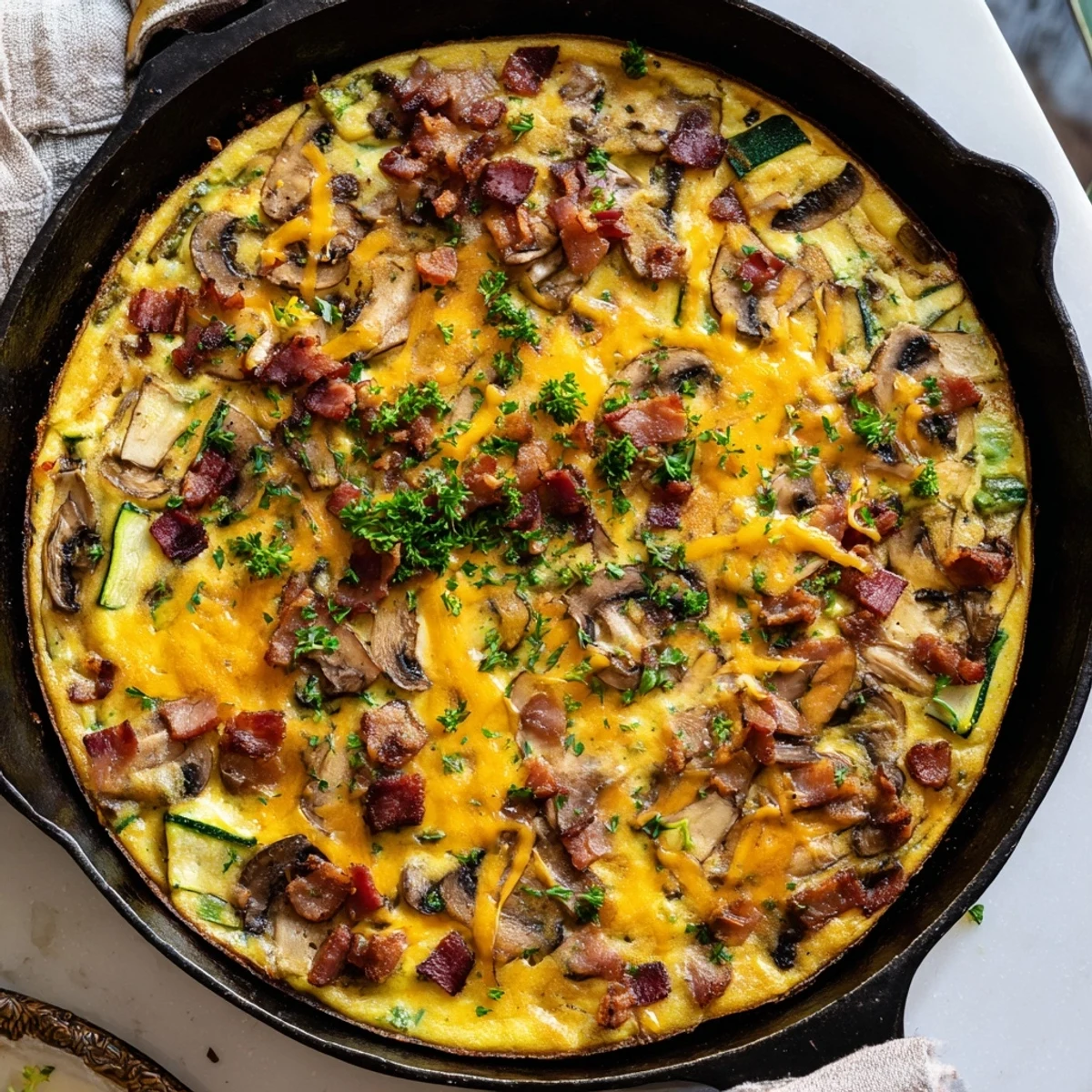 Slice of hearty mushroom zucchini bacon frittata served on a white plate with green garnish